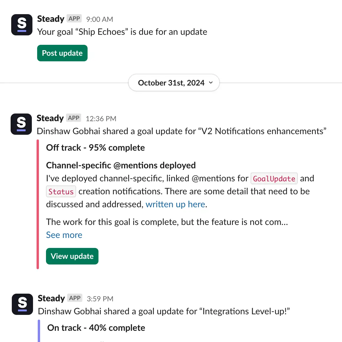 Live Goal update reminders and notifications in Slack